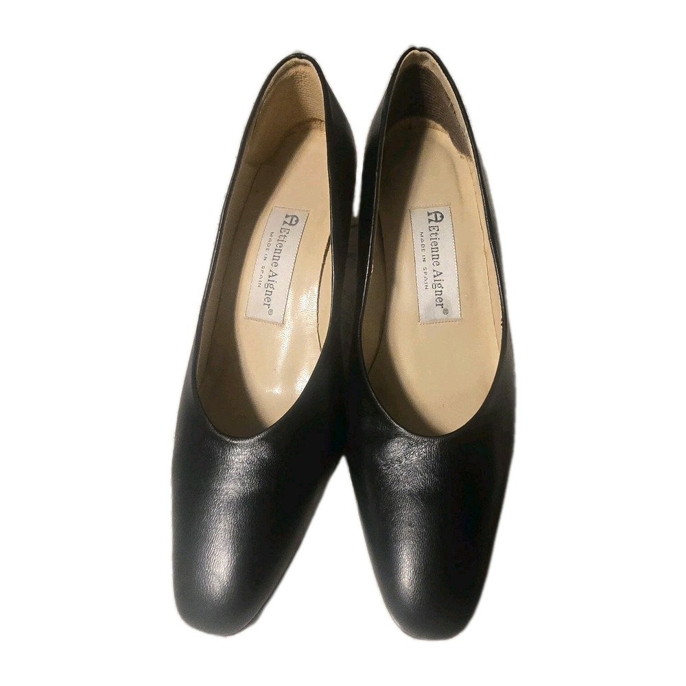 Vintage Etienne Aigner Taylor Black Leather Almond Toe Pumps, Size 6.5